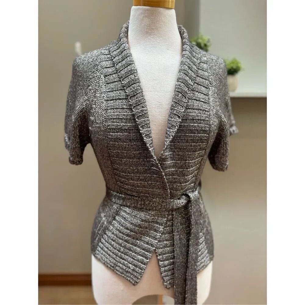 Promod S grey shimmer short sleeve open front cowl collar caravan w/fabric belt